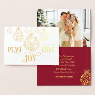 Tarjeta Con Relieve Metalizado Adornos de oro Paz Amor Alegría Navidad Foto