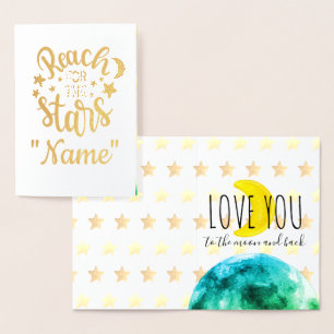 Tarjeta Con Relieve Metalizado Alcanzar las estrellas, amarte a la luna y de vuel