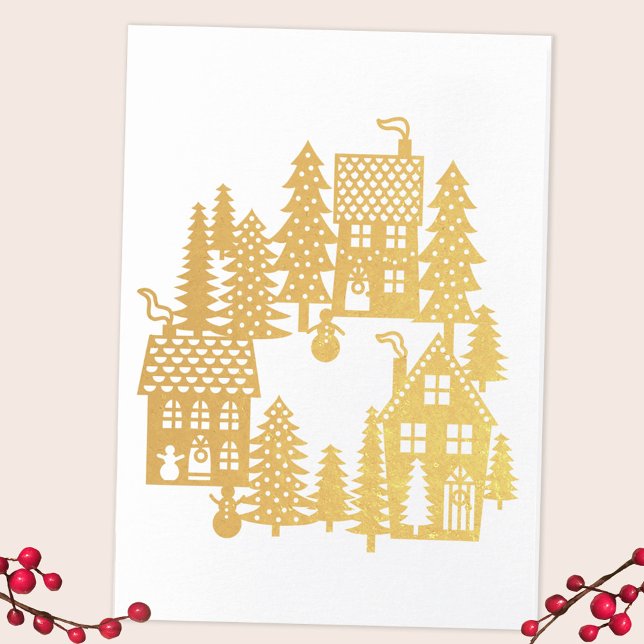 Tarjeta Con Relieve Metalizado Aldea de los navidades (Christmas Village real foil card, personalized inside)