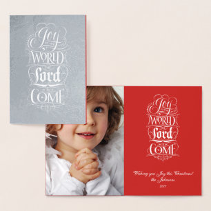 Tarjeta Con Relieve Metalizado Alegría al Mundo Plata Navidad Religioso