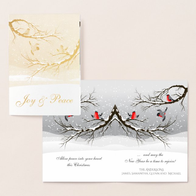 Tarjeta Con Relieve Metalizado Alegría y paz: Aves de Navidades rojos en árbol de (Demostración)