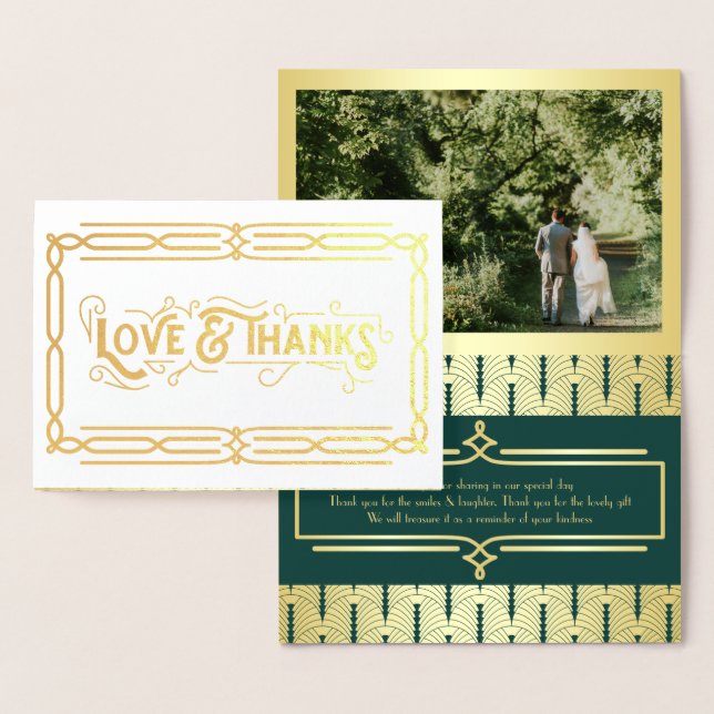 Tarjeta Con Relieve Metalizado Amor y gracias Art Deco Boda Gold Green Photo (Demostración)