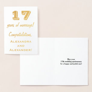 Tarjeta Con Relieve Metalizado Aniversario de Bodas de Papel de Oro 17 + Nombres