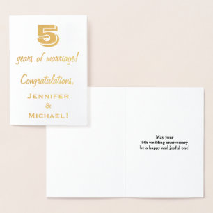 Tarjeta Con Relieve Metalizado Aniversario de Bodas de Papel de Oro 5 + Nombres P