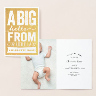 Tarjeta Con Relieve Metalizado Anuncio de nacimiento de Big Hello Little Lady Bab