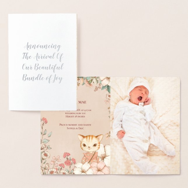 Tarjeta Con Relieve Metalizado Anuncio de nacimiento de Chica fotográfico de gato (Demostración)