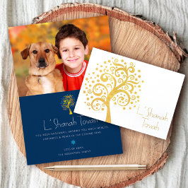 Tarjeta Con Relieve Metalizado Árbol de la Marina Rosh Hashanah Foto Real Gold