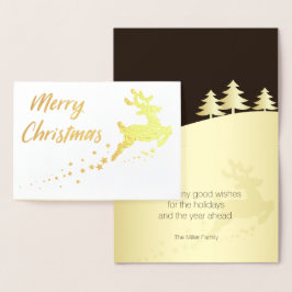 Tarjeta Con Relieve Metalizado Árbol de Navidad dorado con reno