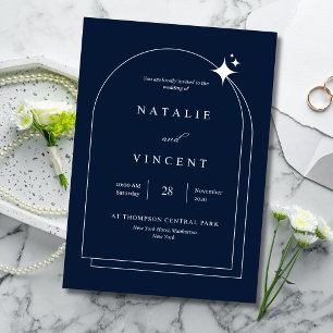 Tarjeta Con Relieve Metalizado Arco Marco Celeste Elegante de Boda Azul Marino