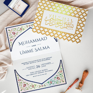 Tarjeta Con Relieve Metalizado Arco Persa Dorado Azul Islámico Boda