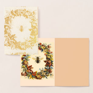 TARJETA CON RELIEVE METALIZADO ARENA DE ORO CON CORONA FLORAL