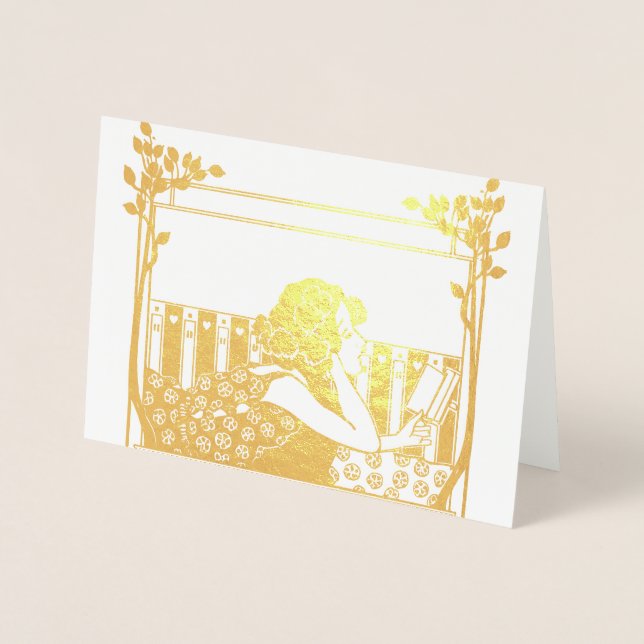 Tarjeta Con Relieve Metalizado Art Nouveau Vintage reader (Anverso)