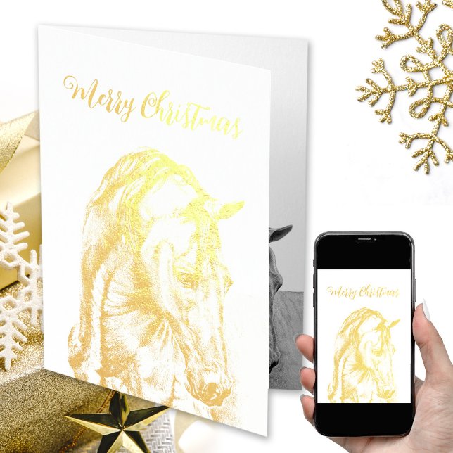 Tarjeta Con Relieve Metalizado Arte de caballos dibujando Relieve metalizado real (Real gold foil horse art Christmas card, gold Merry Christmas, gold horse, horse lover, equestrian)