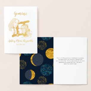 Tarjeta Con Relieve Metalizado Astrología de Gemini   Rótulo Zodiaco personalizad
