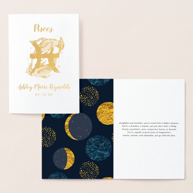 Tarjeta Con Relieve Metalizado Astrología de Pisces | Rótulo Zodiaco personalizad (Demostración)