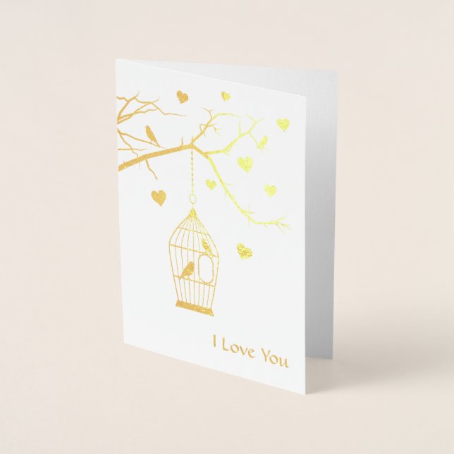 Tarjeta Con Relieve Metalizado Ave jaula y corazón Valentine (Anverso)