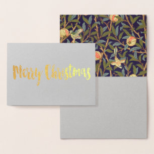 Tarjeta Con Relieve Metalizado Ave William Morris Y Floral Vintage Pomegranada