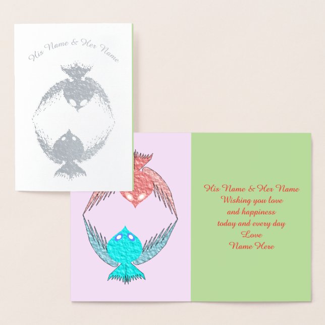 Tarjeta Con Relieve Metalizado Aves amorosas rosas y azules personalizadas (Demostración)
