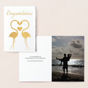 Tarjeta Con Relieve Metalizado Aves de Flamingo con corazón de amor personalizada