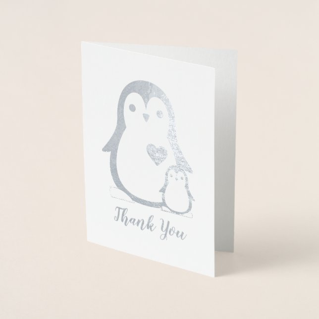 Tarjeta Con Relieve Metalizado Baby Shower Pink Penguin (Anverso)