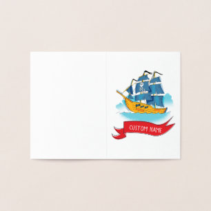 Tarjeta Con Relieve Metalizado Barco pirata de dibujos animados lindos texto pers