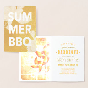 Tarjeta Con Relieve Metalizado BBQ de VERANO con flores de lámina dorada