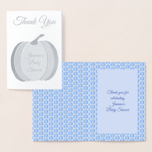 Tarjeta Con Relieve Metalizado Bebé Niño Calabaza Azul Adorable Baño de Bebé Pers