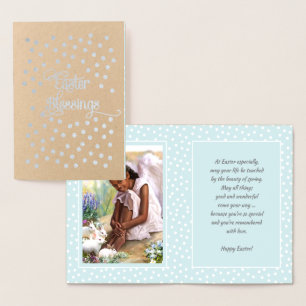 Tarjeta Con Relieve Metalizado Bendiciones de Pascua. Pequeño ángel afroamericano