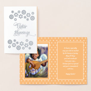 Tarjeta Con Relieve Metalizado Bendiciones de Pascua. Pequeño ángel afroamericano