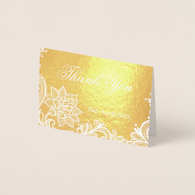 Tarjeta Con Relieve Metalizado Boda Bohemiana de Lace Floral Gracias (Anverso)
