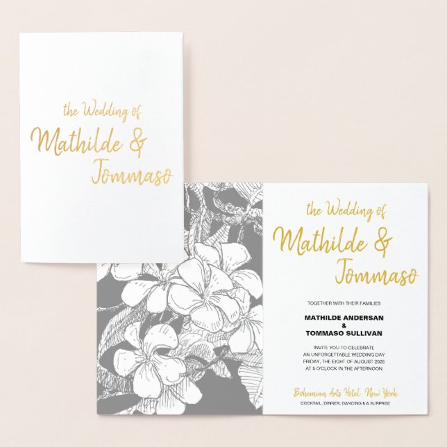 Tarjeta Con Relieve Metalizado Boda Bohemiano Floral Gold Script Black Drawing (Demostración)