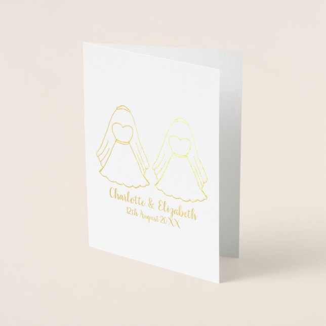 Tarjeta Con Relieve Metalizado Boda de novias lesbianas blancas y doradas (Anverso)