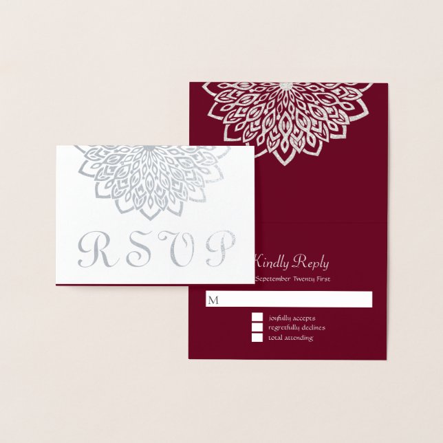 Tarjeta Con Relieve Metalizado Boda de Silver Burgundy Elegent Floral RSVP (Demostración)