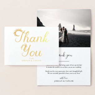 Tarjeta Con Relieve Metalizado Boda Floral Gold Script Gracias Foto