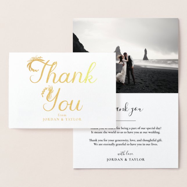 Tarjeta Con Relieve Metalizado Boda Floral Gold Script Gracias Foto (Demostración)