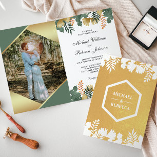 Tarjeta Con Relieve Metalizado Boda Fotográfica Tropical Geométrica de Oro Blanco