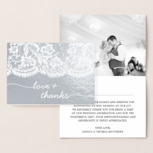 Tarjeta Con Relieve Metalizado Boda fotográfico con guión de encaje Gracias