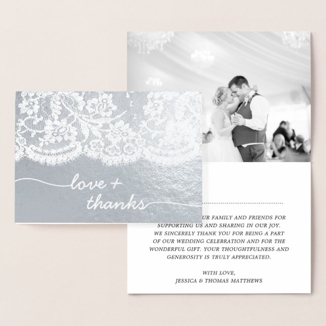 Tarjeta Con Relieve Metalizado Boda fotográfico con guión de encaje Gracias (Demostración)