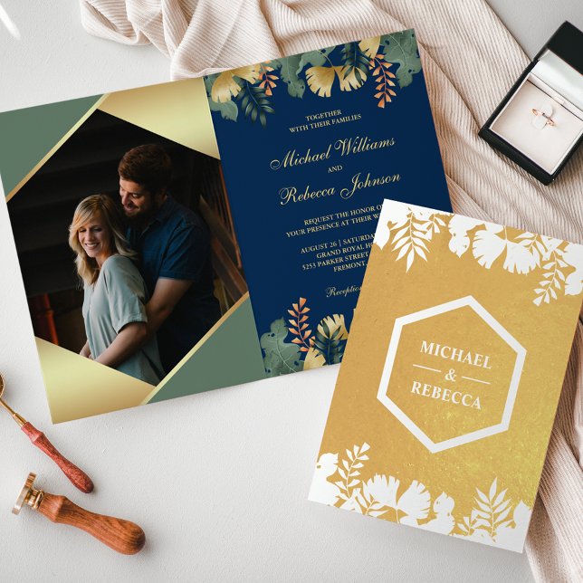 Tarjeta Con Relieve Metalizado Boda fotográfico geométrico tropical de oro azul (Subido por el creador)