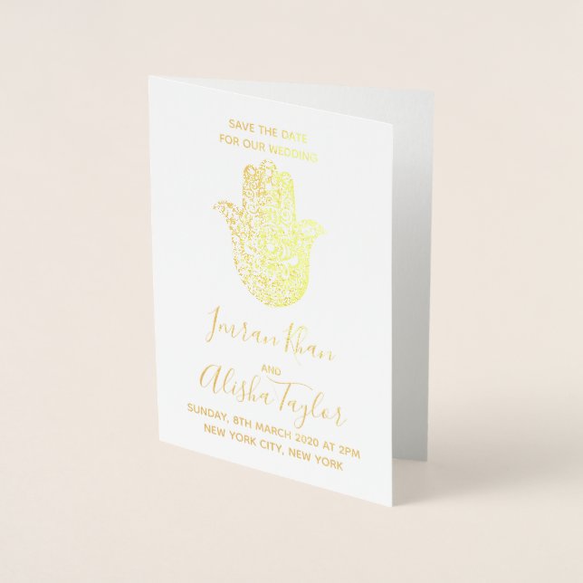 Tarjeta Con Relieve Metalizado Boda india Salven la fecha Hamsa Henna (Anverso)