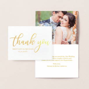 Tarjeta Con Relieve Metalizado Boda moderno Gracias Foto Nota Oro