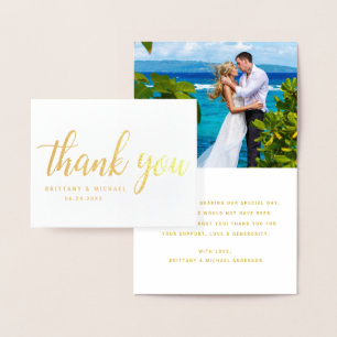 Tarjeta Con Relieve Metalizado Boda moderno Gracias Pareja Foto Nota Oro