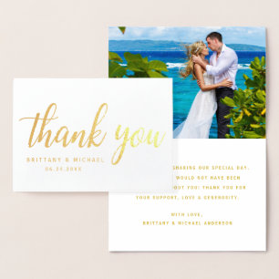 Tarjeta Con Relieve Metalizado Boda moderno Gracias Pareja Foto Oro