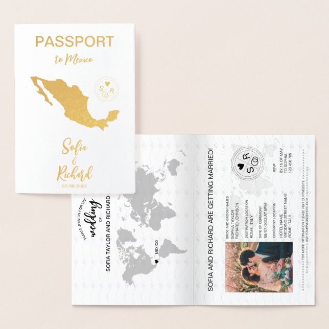 Tarjeta Con Relieve Metalizado Boda Pasaporte de Destino Mapa Mundial de México R (Demostración)