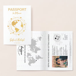 Tarjeta Con Relieve Metalizado Boda Pasaporte de Destino Oro Corazón del Mapa Mun