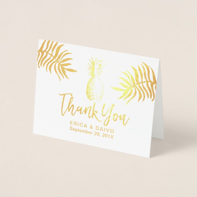 Tarjeta Con Relieve Metalizado Boda Tropical Modern Gold Pineapple Gracias (Anverso)