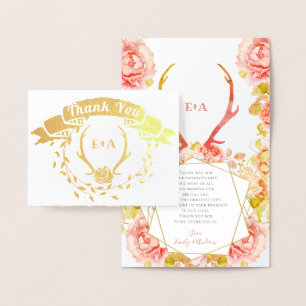 Tarjeta Con Relieve Metalizado Boho Bohemian Deer Antler y Rosas Boda rosado