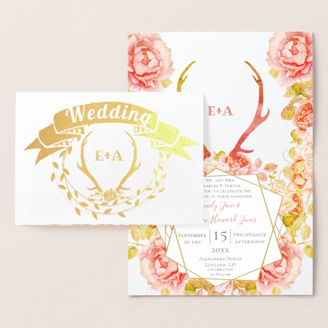 Tarjeta Con Relieve Metalizado Boho Bohemian Deer Antler y Rosas Boda rosado i (Demostración)