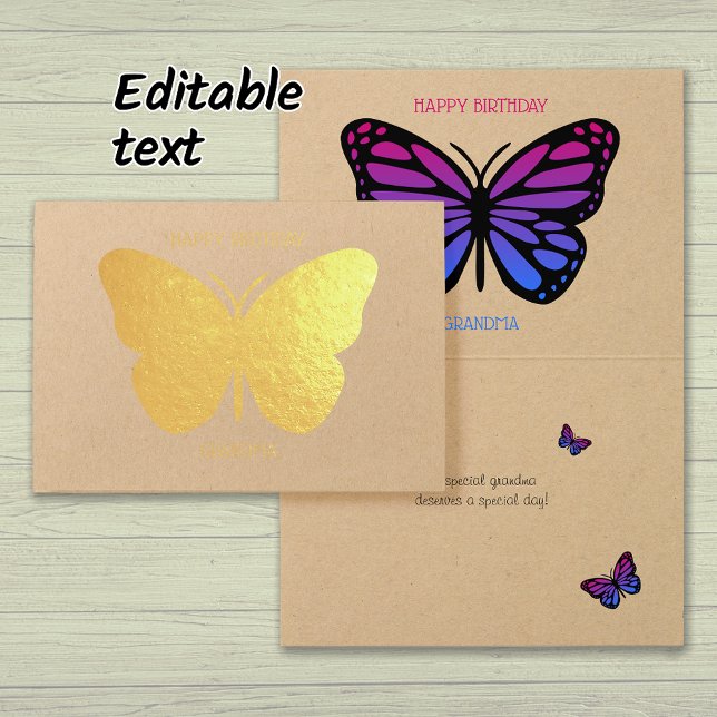 Tarjeta Con Relieve Metalizado Bonito mariposa abuela personalizada cumpleaños or (Gold foil, kraft paper)
