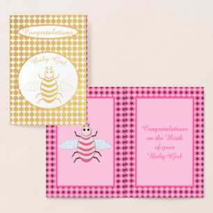 Tarjeta Con Relieve Metalizado Bonito Niña Rosa Bee Personalizado